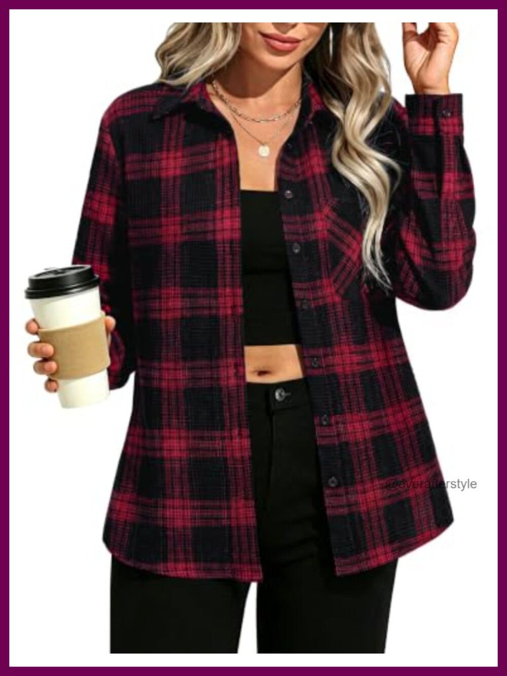 Waffle Plaid Knit Button Down Shirt Relaxed Fit Long Sleeve Office Casual